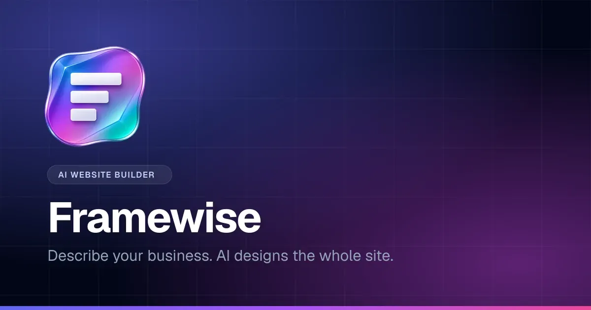 Framewise social card: the Framewise logo with the line "Describe your business. AI designs the whole site."