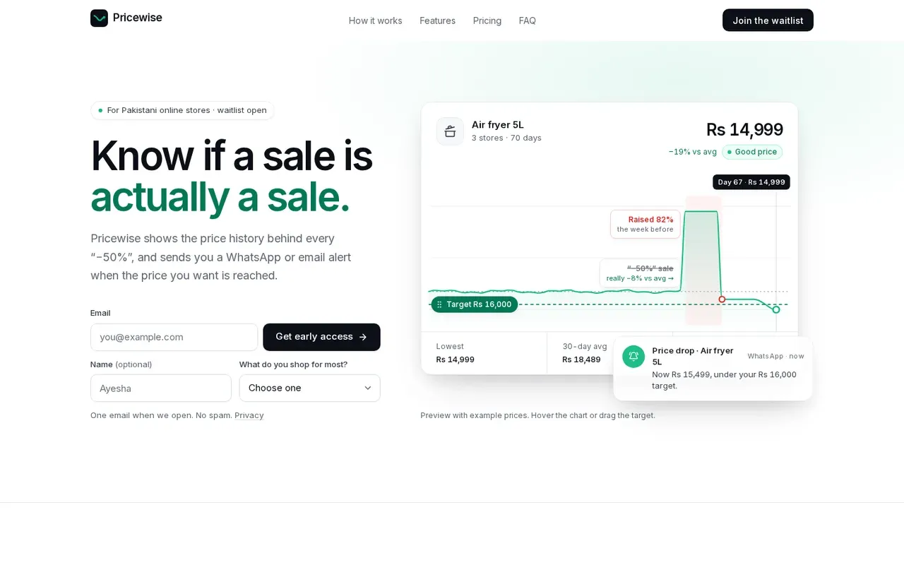 Pricewise launch page