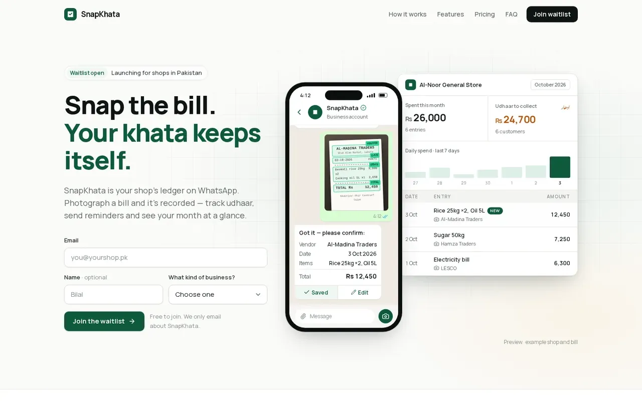 SnapKhata launch page